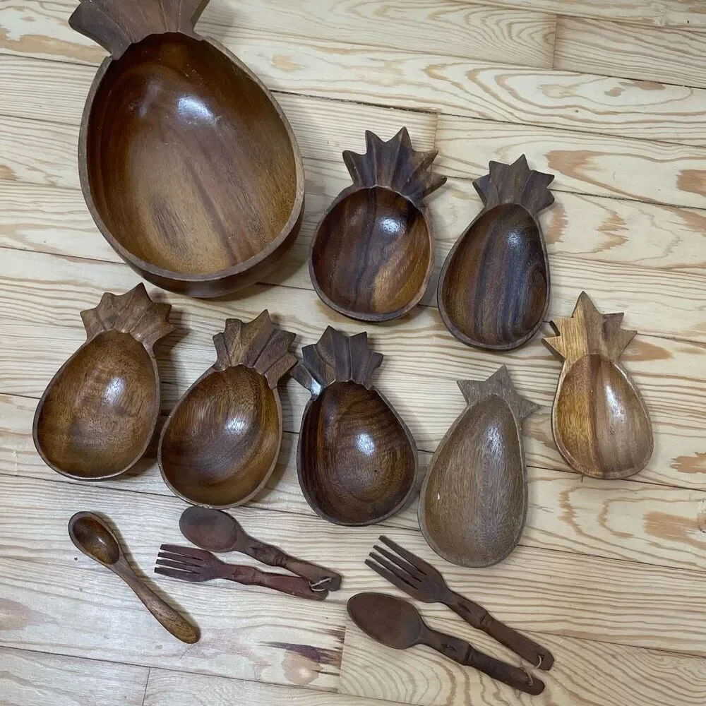 Vintage‎ Monkey Pod Pineapple Shape Wooden Bowls Hawaii Set Of 13 Alii Mid 1970s